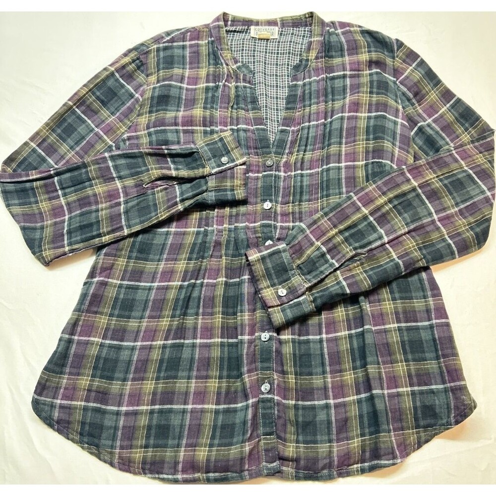 Converse One Star Button-Up Cotton Flannel Plaid Long Sleeve Spread Collar L